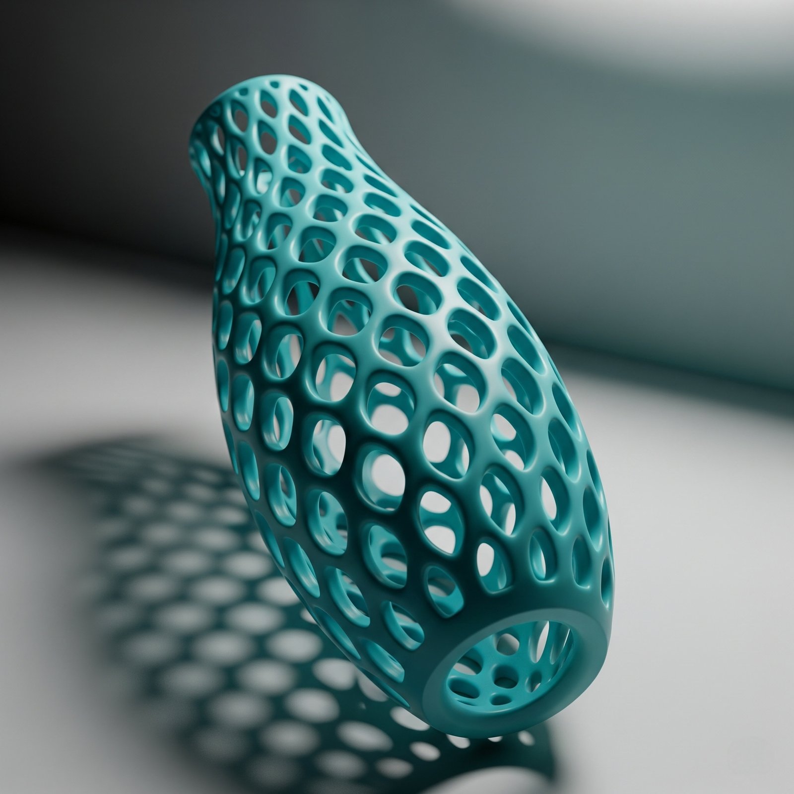 a close-up of a 3d printed vas with holes in it. the material of the vas is PLA plastic with an aqua/teal colour. the vas is positioned on an angle leaning backwards with a grey background