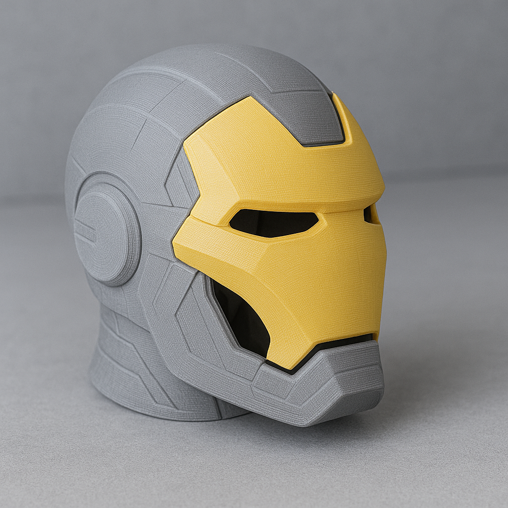 a close-up of 3d printed ironman style helmet. the helmet is grey with a yellow faceplate and it positioned upright with the helmet facing 45 degrees to the right and the background is grey