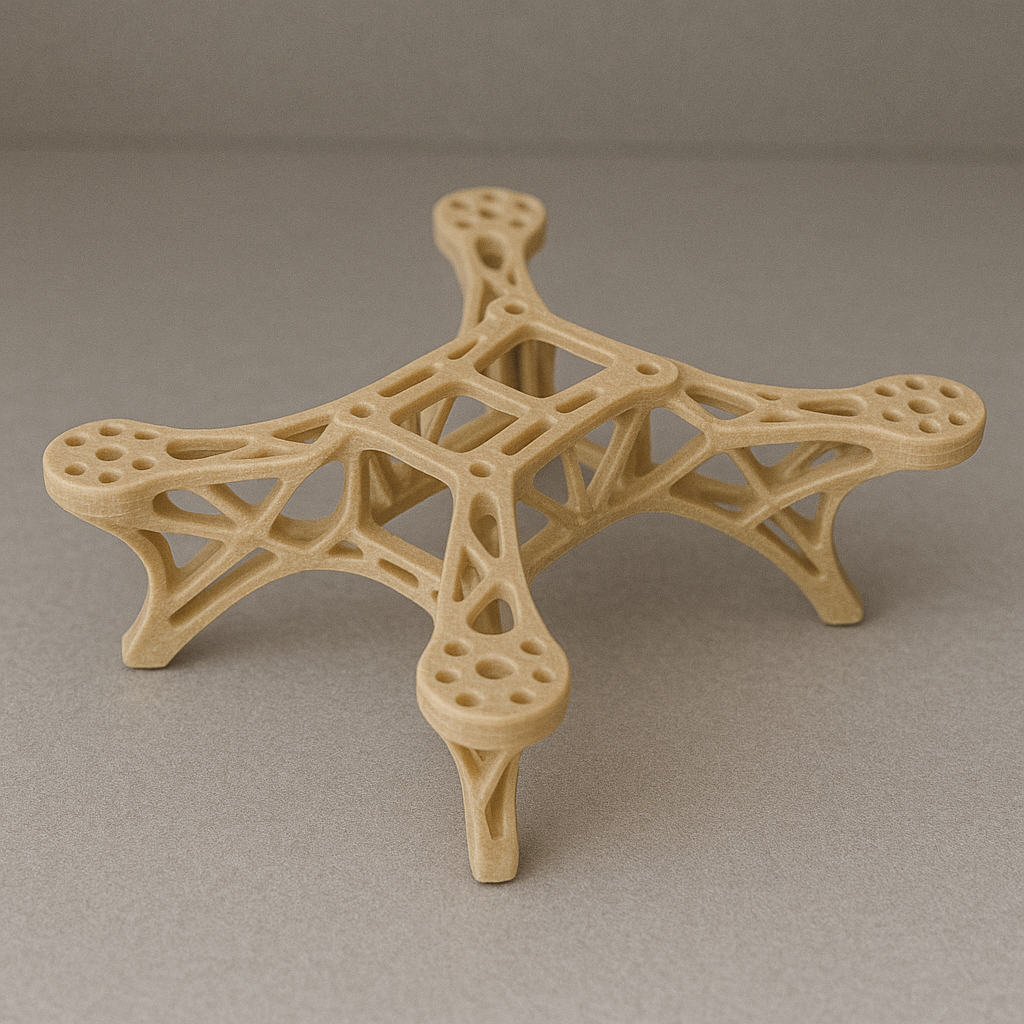 a close up of 3d printed quadcopter drone frame made from PLA plastic, in a basic white background