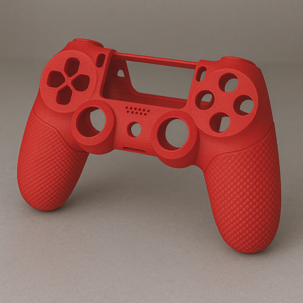 Red PLA plastic 3d printed controller shell for a ps4 controller, with no buttons and only shell. the controller is positioned upright with a grey background