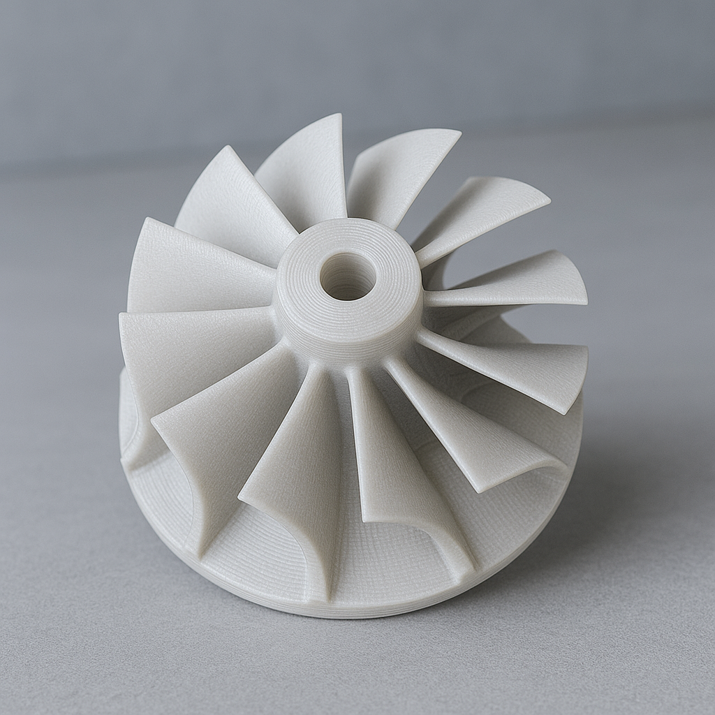 a close-up of a 3d printed centrifugal compressor fan blade for a small turbine engine. the compressor blade is white and made from PLA plastic it position up right leaning 45 degrees backwards. the background is grey